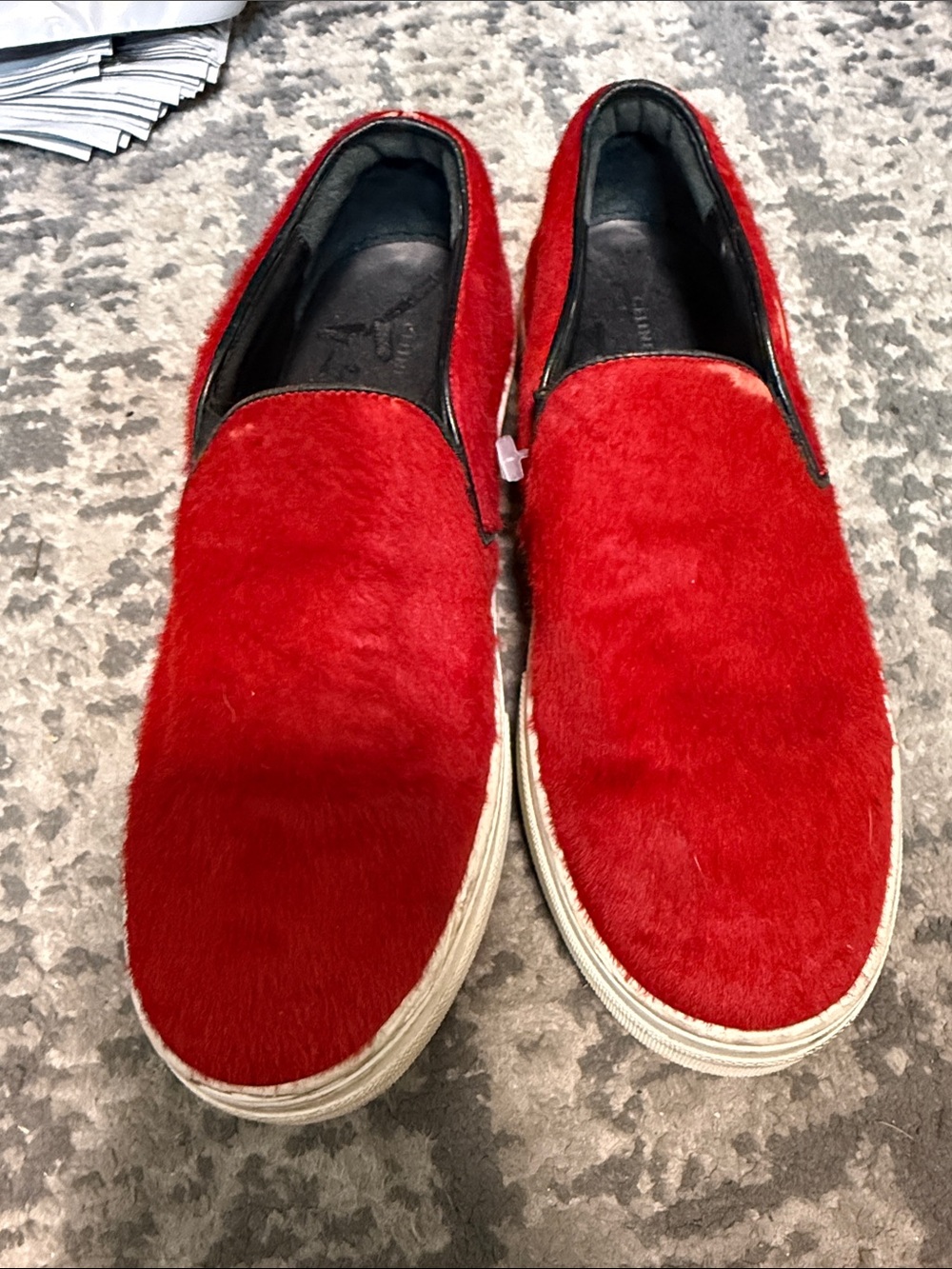 Celine Red Fur Slip-On Sneakers